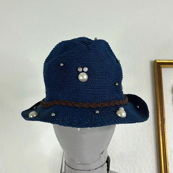 CC Interlocking Straw Raffia Navy Pearl Suede Briaded Fedora Hat